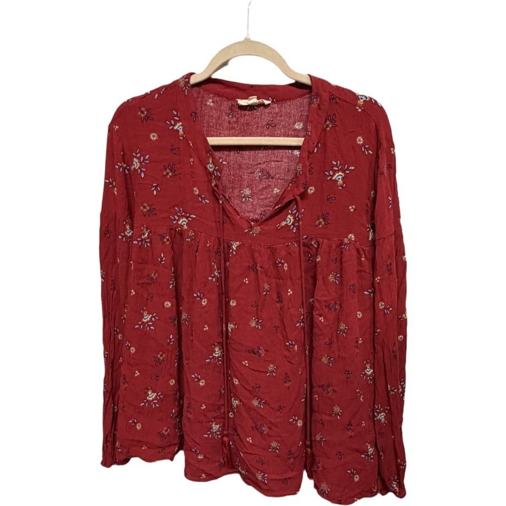 GILLI Women's Large Red Floral Boho Peasant Blouse Long Sleeve Tie Neck Rayon